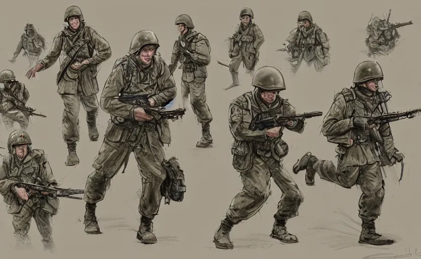 Prompt: highly detailed, high resolution, character design art, colored sketch, stunning, volumetric lightning, from save private ryan movie, matte, sharp focus, 150mm, illustration, trending on twitter, by pathetic medic, cartoon human anatomy, simple design, ww2 era military gear, soldiers