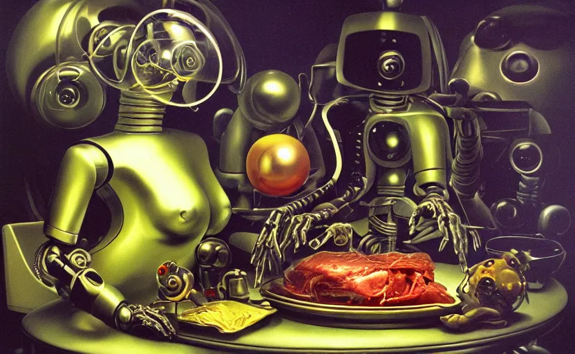 Image similar to strange seductive futuristic robot body, enticing colorful oil painting dutch golden age vanitas still life sparse composition with bulbous objects strange gooey transparent surfaces shiny metal reflections bizarre mutant meat insects rachel ruysch dali todd schorr very detailed perfect composition rule of thirds masterpiece canon 5 0 mm, cinematic lighting, photography, retro, film, kodachrome