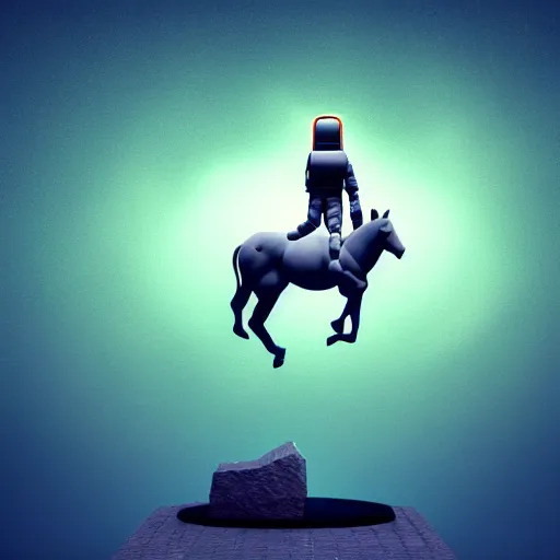 Image similar to an astronaut standing on the ground and a small trippy aggressive centaur standing on that poor little human standing on all fours astronaut, trying to ride it, the centaur is on his shoulders, minimalist style, 3 d render, isometry