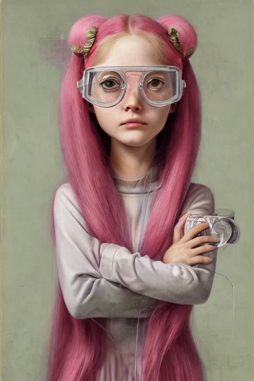 Image similar to highly detailed, profile portrait of a extremely beautiful, young adult, princess bubblegum from adventure time, experimenting in her science lab, wearing lab coat & saftey goggles, long bubblegum hair with long straight bangs, illustration concept art by nicoletta ceccoli, mark ryden, lostfish, detailed and intricate environment, 8 k resolution, hyperrealistic, 3 d octane render