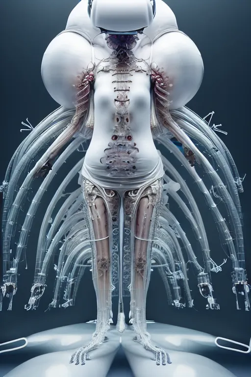 Image similar to background space station, baroque inflateble dress iris van herpen positing on floor, white helmet on face, perfect symmetrical, full body shot, inflateble shapes, wires, tubes, veins, jellyfish, white biomechanical details, wearing epic bionic implants, masterpiece, intricate, biopunk, vogue, highly detailed, artstation, concept art