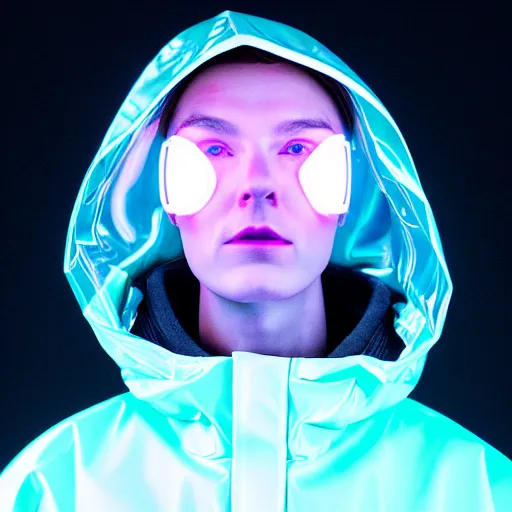 Image similar to an ultra high definition professional studio quality photograph of an artificially intelligent cyberpunk art influencer wearing a transparent iridescent pastel coloured face visor and matching raincoat on white coat hook in a sheer icelandic black rock environment. dramatic lighting. volumetric shadows. light rays