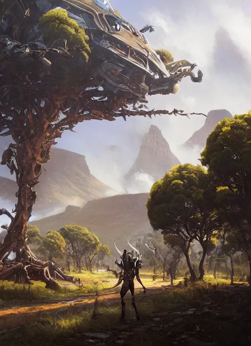 Image similar to hyper realistic robot attacking cape town city beautiful details, gnarly trees, strong composition, poster painted by greg rutkowski, concept art, arcane style, hearthstone wizards of the coast norman rockwell, james gurney and greg rutkowski weta studio, and lucasfilm and best of artstation