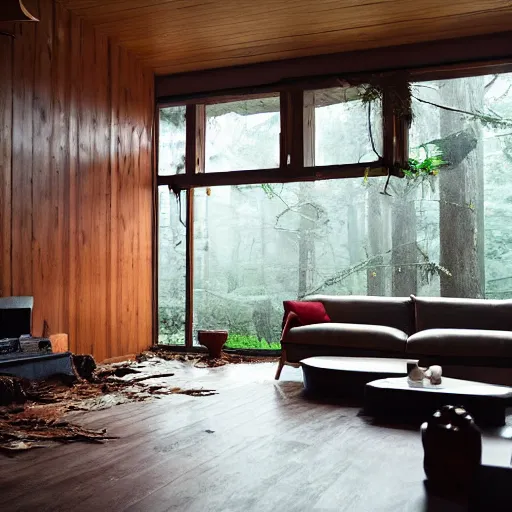 Image similar to living room interior with temperate rainforest aesthetic, live redwood furniture and objects, moss floor, volumetric atmospheric interior fog, fallen log furniture.