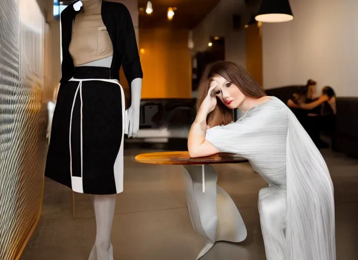 Prompt: young adult woman in a coffee shop wearing an avant garde outfit designed by zaha hadid, studio lighting, 5 0 mm