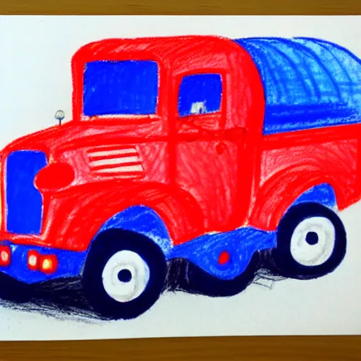 Image similar to a poorly drawn red truck with blue wheels, drawn using crayons, red and blue crayon, drawn on white paper