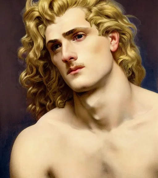 Prompt: clean cel shaded art of the androgynous clean shaven greek God Apollo, long fluffy curly blond hair, light platinum long blond hair, Alexandre Cabanel, norman rockwell, peter paul rubens, maler collier, frank frazetta, alphonse mucha, gustav klimt 4k, unreal 5, DAZ, french noveau, trending on artstation, octane render, hyperrealistic