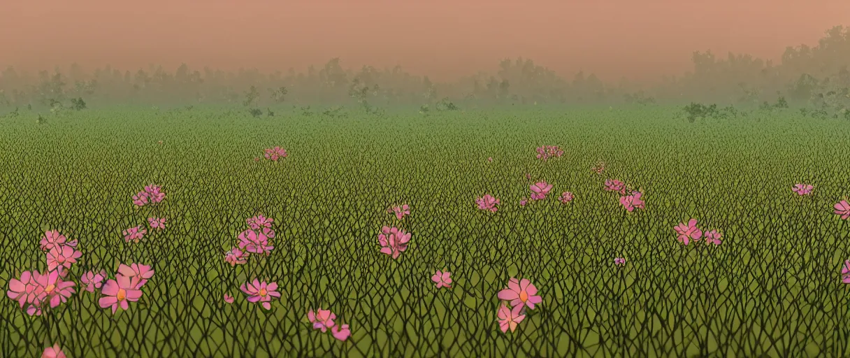 Prompt: minimalist 3 d world, low polygon, sacred geometry, line work, flowers, field of dreams, unreal engine, dreamy, bokeh