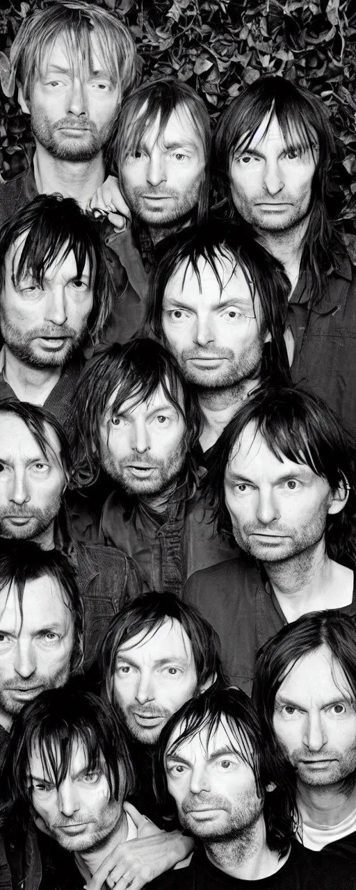 Prompt: disco diffusion portrait of Thom Yorke, Jonny Greenwood, Ed O'Brien, Colin Greenwood, Philip Selway, hiding in the bushes looking shifty