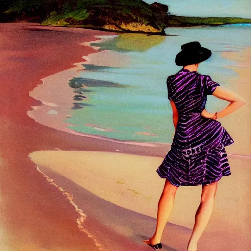 Image similar to woman in black dress in the middle of the beach, pink water, leyendecker style