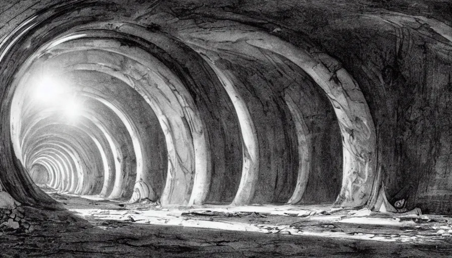Prompt: 1 9 7 0 s andrei tarkovsky movie still of a neoclassical tunnel, by piranesi, panoramic, ultra wide lens, cinematic light, anamorphic, marble hole