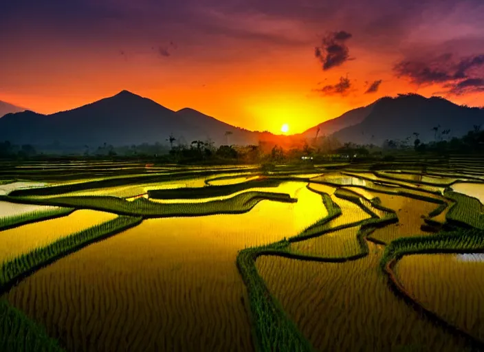 Image similar to a road between rice paddy fields, two big mountains in the background, big yellow sun rising between 2 mountains, indonesia national geographic, award winning dramatic photography