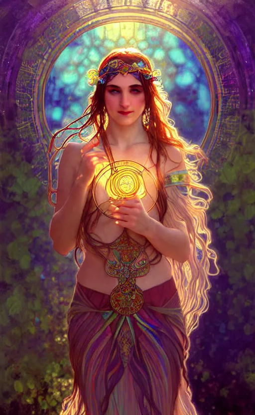 Image similar to ancient greek and gypsy and druid culture crossover, female, ecopunk art nouveau architecture, iridescent and opalescent, twilight, refractive crystal, elegant, feather hair ornaments, highly detailed, digital painting, glowing particles, misty, cinematic lighting, smooth, sharp focus, art by nixeu, by wlop, by alphonse mucha.