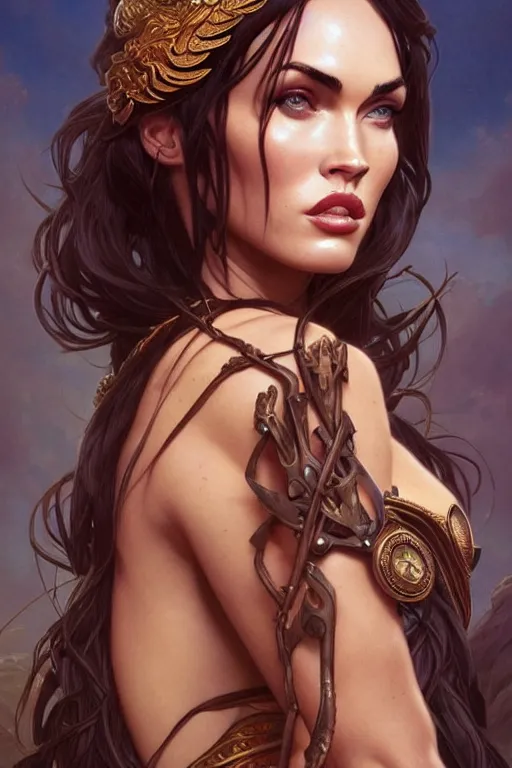 Image similar to portrait of megan fox as the goddess circe, greek mythology, intricate, headshot, highly detailed, digital painting, artstation, concept art, sharp focus, cinematic lighting, illustration, art by artgerm and greg rutkowski, alphonse mucha, cgsociety