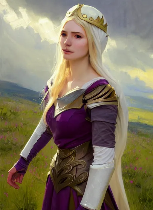 Prompt: portrait of Syndra from League of Legends medieval dress, countryside, calm, fantasy character portrait, dynamic pose, above view, sunny day, thunder clouds in the sky, artwork by Jeremy Lipkin and Giuseppe Dangelico Pino and Michael Garmash and Rob Rey, very coherent asymmetrical artwork, sharp edges, perfect face, simple form, 100mm