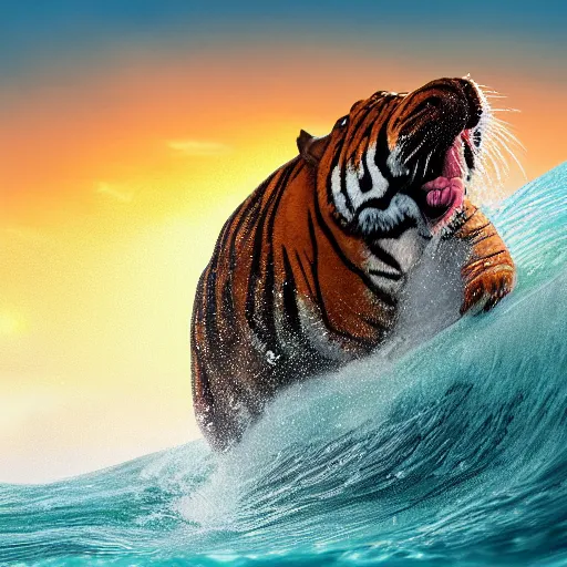 Prompt: a closeup photorealistic photograph of a happy tiger hippopotamus surfing a large wave during sunset. surf in the background. professional capture. brightly lit scene. this 4 k hd image is trending on artstation, featured on behance, well - rendered, extra crisp, features intricate detail, epic composition and the style of unreal engine.