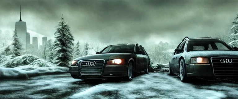 Image similar to Audi A4 B6 Avant (2002), a post apocalyptic, dramatic lighting, cinematic, establishing shot, extremly high detail, photorealistic, cinematic lighting, artstation, style by greg rutkowsky, Max Payne (2001) winter New York landscape