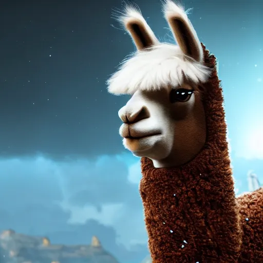 Prompt: a portrait of a fancy llama with a cool haircut, dnd, beautiful, humanoid character, focused, soft lighting, unreal engine, matte painting, 4 k, mystical