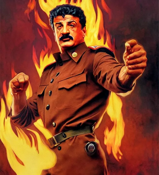 Image similar to sylvester stallone as stalin on fire,, cinematic, by greg rutowski, by greg rutkowski, by stanley artgerm, by alphonse mucha