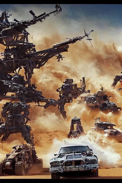 Image similar to epic sandstorm battle, Action, movie pacific rim, in the Movie transformers, in the Movie Mad Max: Fury Road (2015), by drew struzan