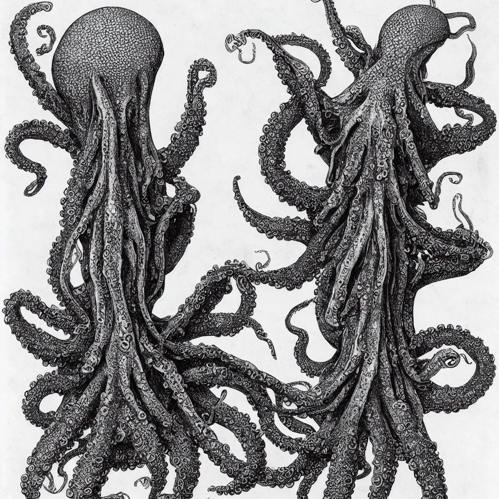 Prompt: A monster of vaguely anthropoid outline, but with an octopus-like head whose face was a mass of feelers, a scaly, rubbery-looking body, prodigious claws on hind and fore feet, and long, narrow wings behind.