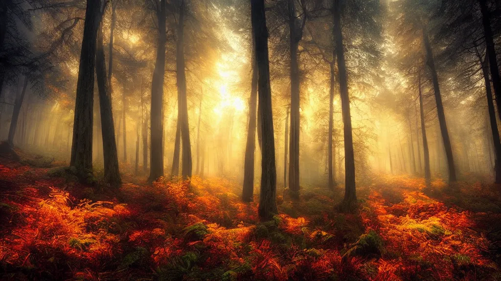 Image similar to amazing landscape photo of a forest in sunset by marc adamus, beautiful dramatic lighting