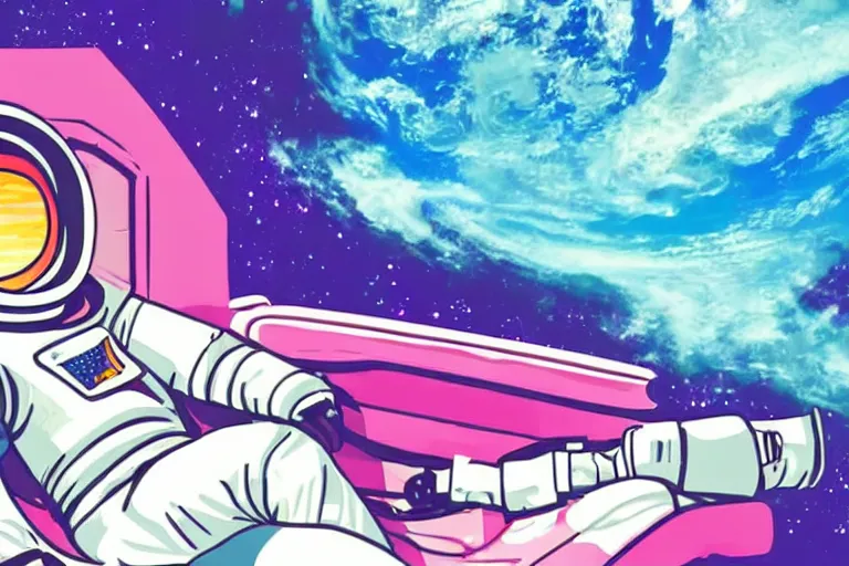 Image similar to an astronaut lounging in a tropical resort in space in a vaporwave style