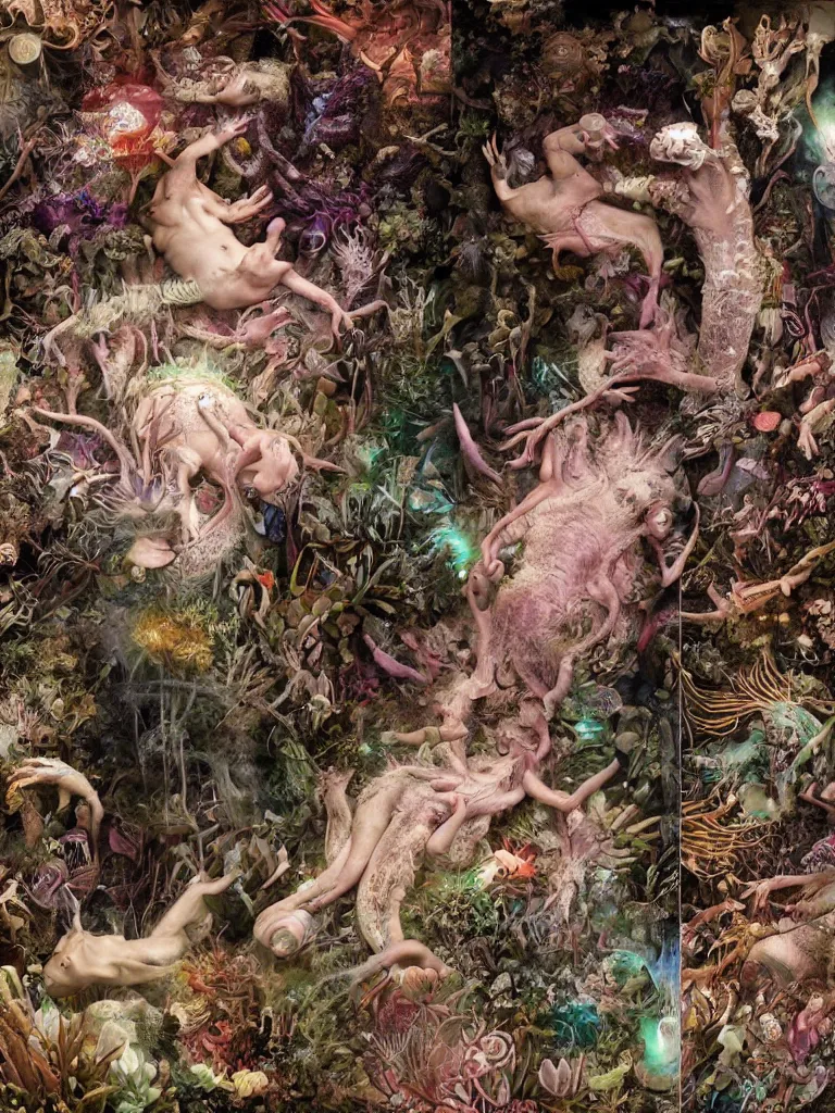 Prompt: close up portrait photography, of an axolotl aboriginal shaman embeacing space travellers in underworld, floria sigismondi, gregory crewdson, ernst haeckel