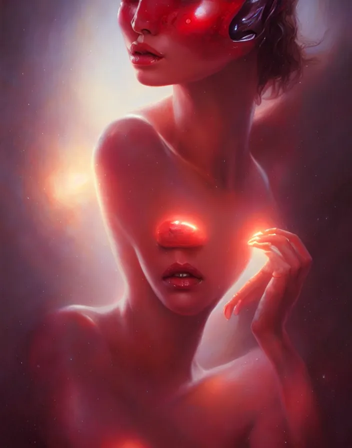 Image similar to a beautiful alien woman with ruby skin, painted by artgerm and tom bagshaw, fantasy art, dramatic lighting, highly detailed oil painting