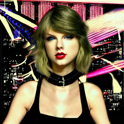 Image similar to a cyberpunk style album cover for a Taylor Swift electro pop album