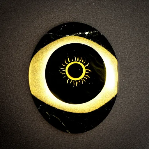 Image similar to gold plated black marble. the sun has a face with many eyes and teeth. seen through the fog