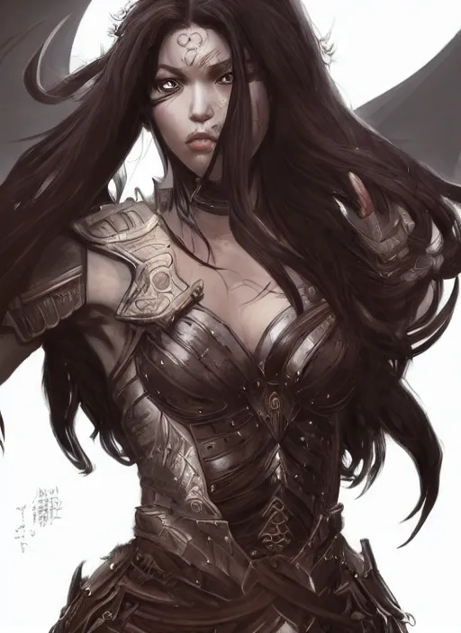 Image similar to beautiful warrior lady, black long hair, practical armor, brown skin, demonic eyes, low fantasy, extremely detailed, sharp focus, smooth, digital illustration, by rossdraws, frank franzzeta, sakimichan