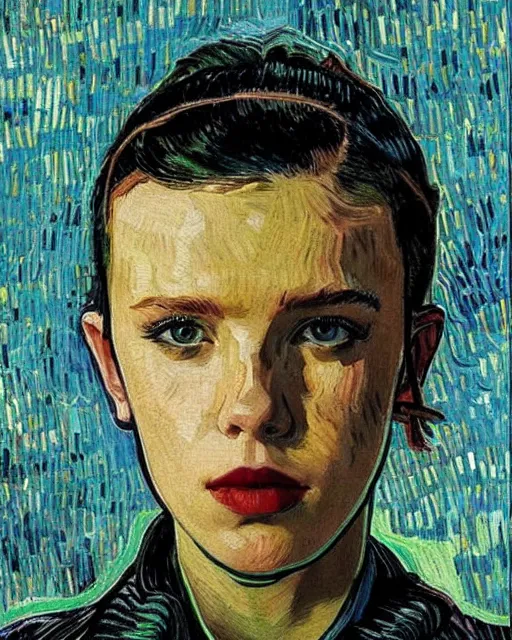 Image similar to portrait of cyberpunk millie bobby brown by vincent van gogh
