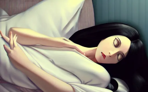 Image similar to little girl with an long black hair dressed in a simple white dress laying down on an bed, anime art style, digital art by ilya kuvshinov, inspired by balthus, hd, 4 k, hyper detailed, top view