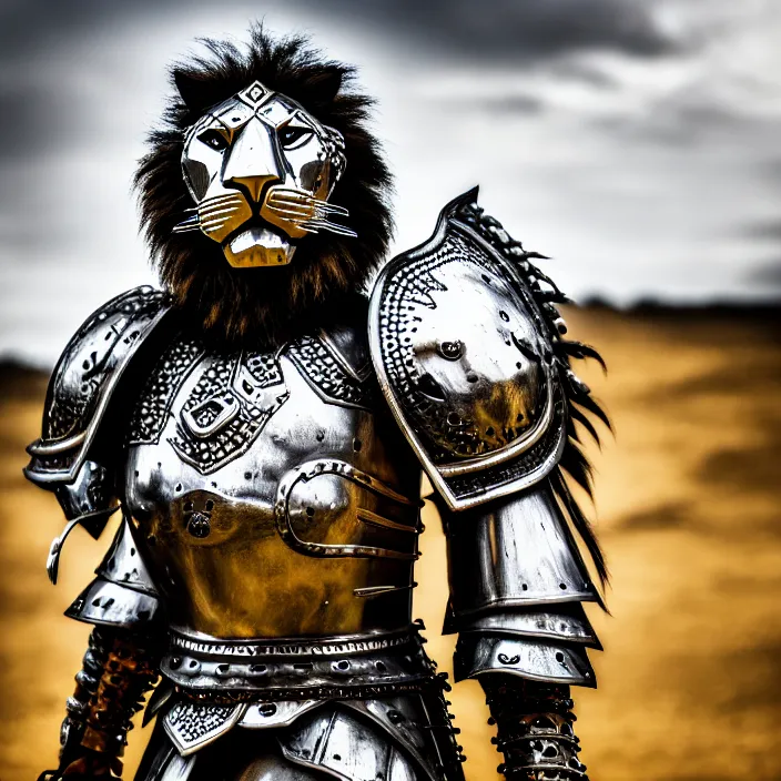 Image similar to photo of a warrior with metal lion themed armour, highly detailed, 4 k, hdr, smooth, sharp focus, high resolution, award - winning photo