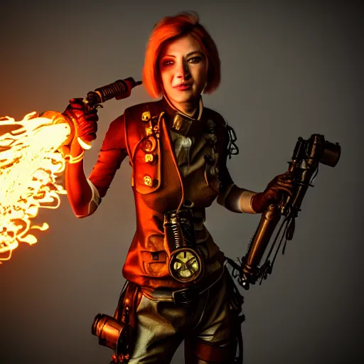 Prompt: female steampunk warrior with a flamethrower, 4k, HDR, award-winning, landscape, octane render, artstation