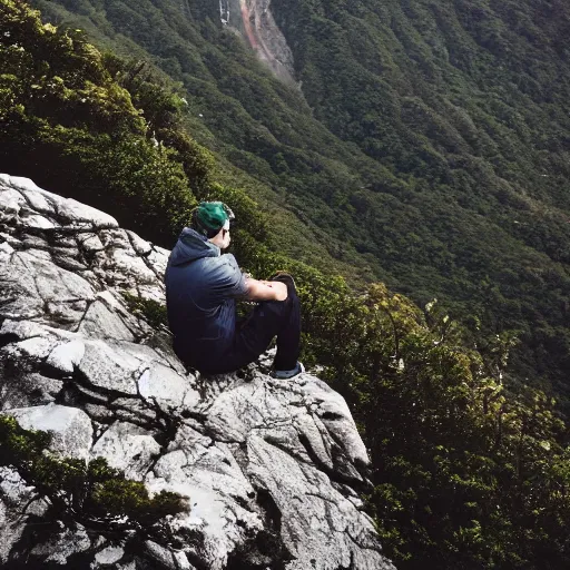 Image similar to man sitting on top peak mountain cliff looking at tsunami