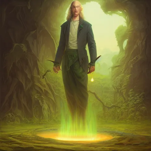 Image similar to A white mafia man with a green aura surrounding his entire body by andreas rocha and john howe, and Martin Johnson Heade, featured on artstation, featured on behance, golden ratio, ultrawide angle, f32, well composed, cohesive.69:1