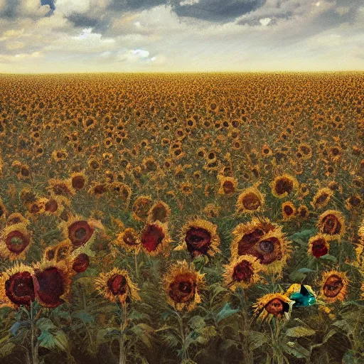 Image similar to a stunning and moody painting of many dead uniformed russian soldiers lying in blood in a field of sunflowers as painted by otto dix, artstation, concept art, impressionism, hyperdetailed