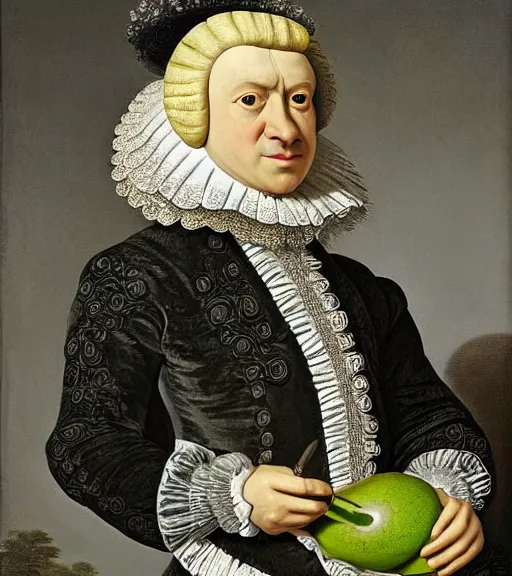 Image similar to Portrait of an elegant man dressed as an avocado, intricate fabric patterns, artwork by Pieter Claesz