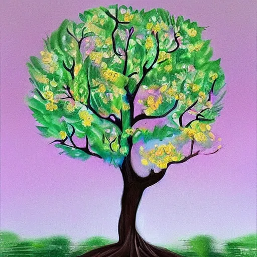 Image similar to a tree that grows around and protects a running girl, the girl cries and her tears feed the tree so it grows beautiful flowers, painting with soft colors, dark optimism