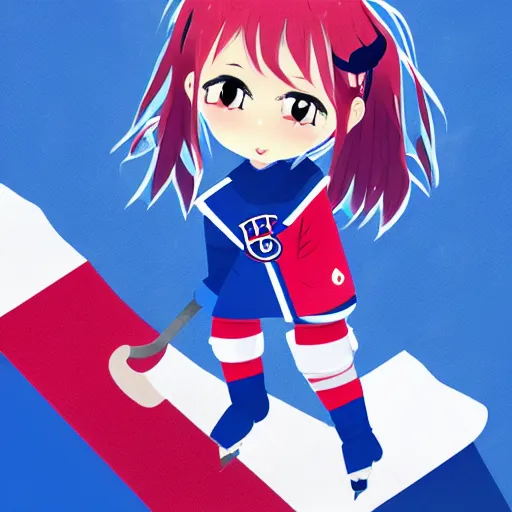 Image similar to cute anime girl ice hockey player, habs jersey, blue white and red color blocking, character concept exploration, ghost in the shell, outfit designs, trending on artstation, 8k