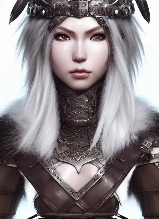 Prompt: barbarian, fur leather armor!!! beautiful and elegant white hair female!! gorgeous ayes!! character concept art, sharp focus, octane render! unreal engine 5! highly rendered!! trending on artstation!! detailed linework!! illustration by artgerm, wlop, and chie yoshii