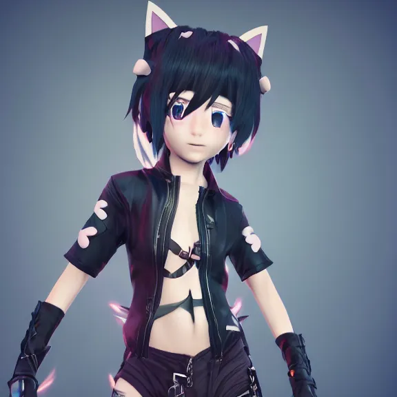 Image similar to 3D render of a cute emo anime boy with cat ears and tail, fantasy artwork, fluffy, mid-shot, award winning, hyper detailed, very very very beautiful, studio lighting, artstation, unreal engine, unreal 5, 4k, octane renderer