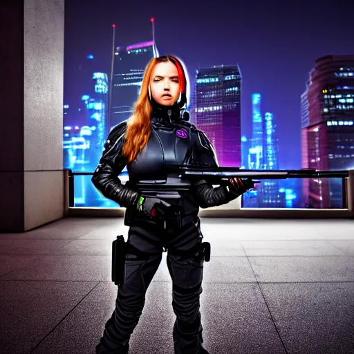 Prompt: photographic portrait of a techwear woman holding a shotgun, closeup, on the rooftop of a futuristic city at night, sigma 85mm f/1.4, 4k, depth of field, high resolution, 4k, 8k, hd, full color, Robocop, Die Hard, movies with guns, movie firearms, face closeups