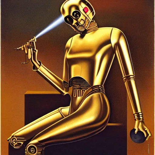 Image similar to a reclining half human c3po by Gil Elvgren, holding a smoking ray-gun, head, body, legs