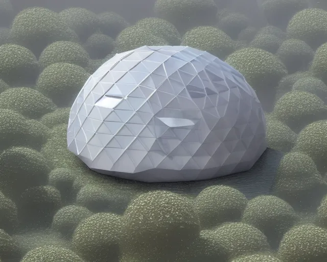 Prompt: futuristic innovation. modular dome house. there is a city on a cloud. floating over the city. mycelial