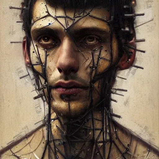 Image similar to surreal portrait of a man by Greg Rutkowski, symmetrical face, he is about 30 years old, short black hair with bangs, his features are a mix between French, Turkish and Russian, transformed into a kind of biomechanical transhuman god, uncany but fascinating, expression of epiphany and determination, cosmic void background, frightening, fascinating, highly detailed portrait, digital painting, book cover, artstation, concept art, smooth, sharp foccus ilustration, Artstation HQ