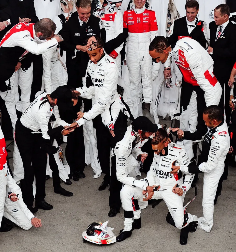 Image similar to “A portrait of Lewis Hamilton in his racing uniform being knighted by the queen by Banksy”