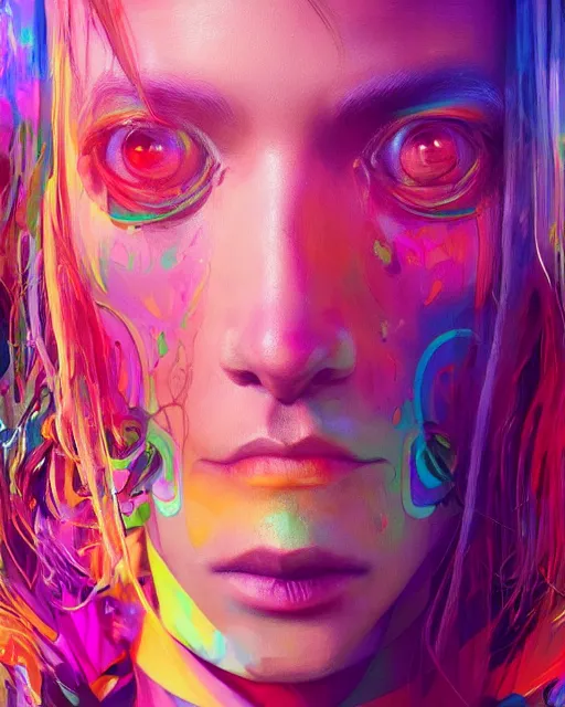 Image similar to colorful portrait of a hippie, set in the future 2 1 5 0 | highly detailed | very intricate | symmetrical | professional model | cinematic lighting | award - winning | painted by mandy jurgens and ross tran | pan futurism, dystopian, bold psychedelic colors, cyberpunk, groovy vibe, anime aesthestic | featured on artstation